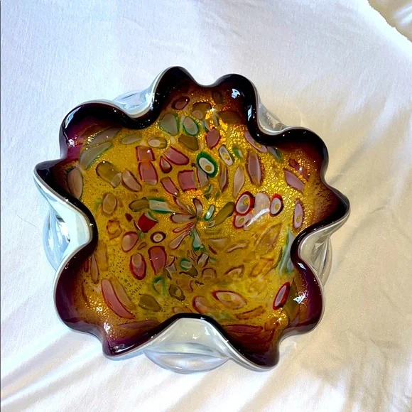 Vintage Murano Gold Aventurine Tutti Frutti Handkerchief Bowl Ashtray Circa 1960